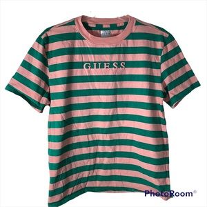 GUESS Spell Out T Shirt Medium  Mens Retro Vintage 90s Y2K Pink Green Striped
